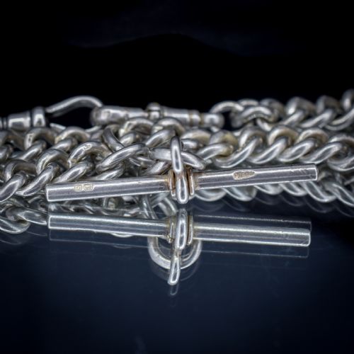 ANTIQUE STERLING SILVER CURB LINK ALBERT WATCH CHAIN NECKLACE TBAR DOG CLIPS 1625 - ADDITIONAL PHOTO 8