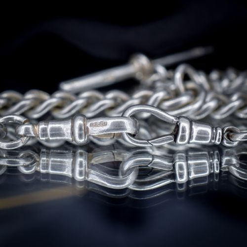 ANTIQUE STERLING SILVER CURB LINK ALBERT WATCH CHAIN NECKLACE TBAR DOG CLIPS 1625 - ADDITIONAL PHOTO 9