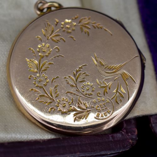 ANTIQUE ENGRAVED FANCY ROUND FLOWER BASKET AND SWALLOW BIRD GOLD LOCKET PENDANT - ADDITIONAL PHOTO 8