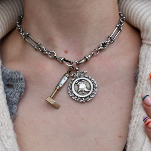 ART DECO '1931' SILVER FIREMAN MEDAL AND MOTHER OF PEARL HAMMER PENDANT - ADDITIONAL PHOTO 3