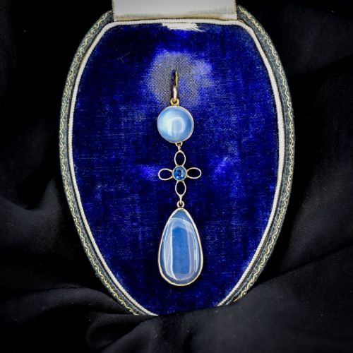 ANTIQUE MOONSTONE AND SAPPHIRE 9CT GOLD DROP PENDANT - ADDITIONAL PHOTO 2