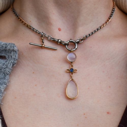 ANTIQUE MOONSTONE AND SAPPHIRE 9CT GOLD DROP PENDANT - ADDITIONAL PHOTO 3
