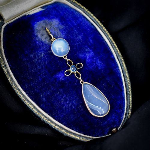 ANTIQUE MOONSTONE AND SAPPHIRE 9CT GOLD DROP PENDANT - ADDITIONAL PHOTO 6