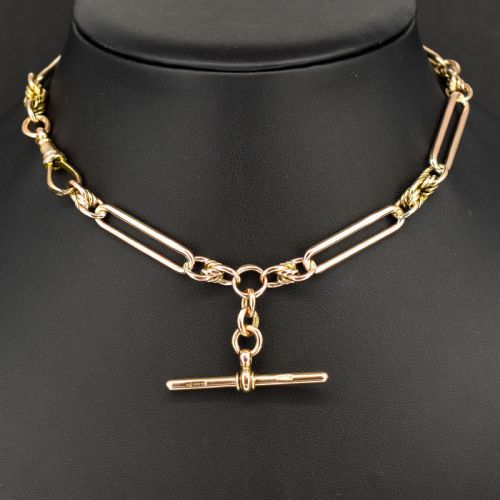 Antique '1903' 9ct Gold Trombone and Love Knot Link Albert Chain Necklace | 13.5"