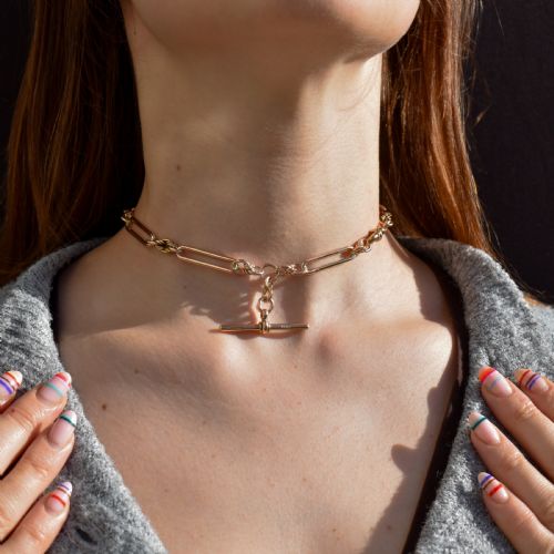 fig 1. Antique '1903' 9ct Gold Trombone and Love Knot Link Albert Chain Necklace | 13.5