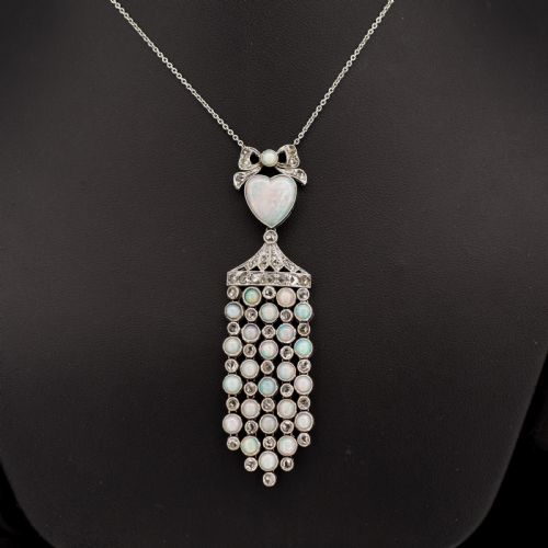 ART DECO OPAL HEART AND DIAMOND 18CT WHITE GOLD AND PLATINUM PENDANT NECKLACE 16 - ADDITIONAL PHOTO 2