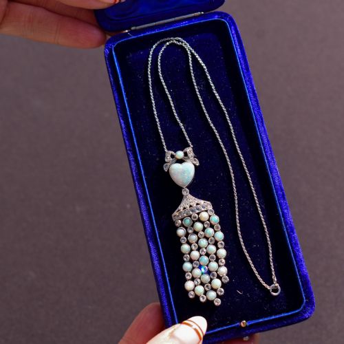 ART DECO OPAL HEART AND DIAMOND 18CT WHITE GOLD AND PLATINUM PENDANT NECKLACE 16 - ADDITIONAL PHOTO 4