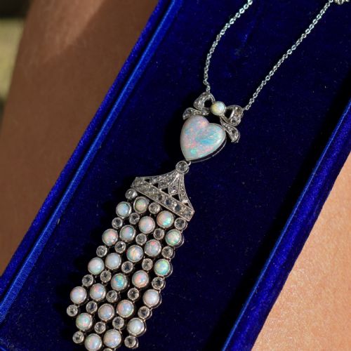 ART DECO OPAL HEART AND DIAMOND 18CT WHITE GOLD AND PLATINUM PENDANT NECKLACE 16 - ADDITIONAL PHOTO 9