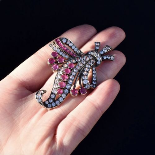 fig 1. Antique Ruby and White Sapphire Spray Flower Brooch Pin