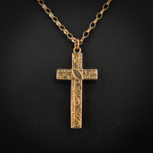 ANTIQUE 9CT GOLD ENGRAVED CROSS PENDANT NECKLACE 205 - ADDITIONAL PHOTO 4