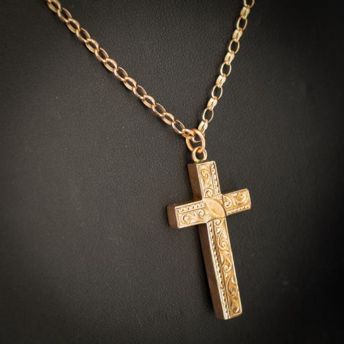 ANTIQUE 9CT GOLD ENGRAVED CROSS PENDANT NECKLACE 205 - ADDITIONAL PHOTO 5