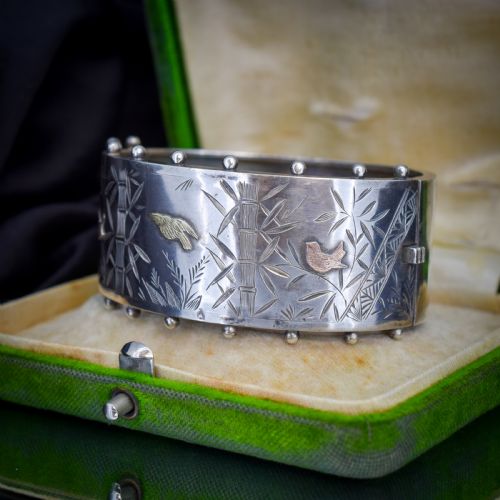 ANTIQUE VICTORIAN STUDDED SILVER AND GOLD BIRD BAMBOO CUFF BANGLE BRACELET - ADDITIONAL PHOTO 1