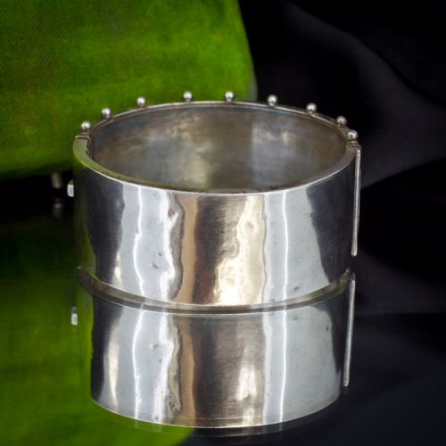 ANTIQUE VICTORIAN STUDDED SILVER AND GOLD BIRD BAMBOO CUFF BANGLE BRACELET - ADDITIONAL PHOTO 2