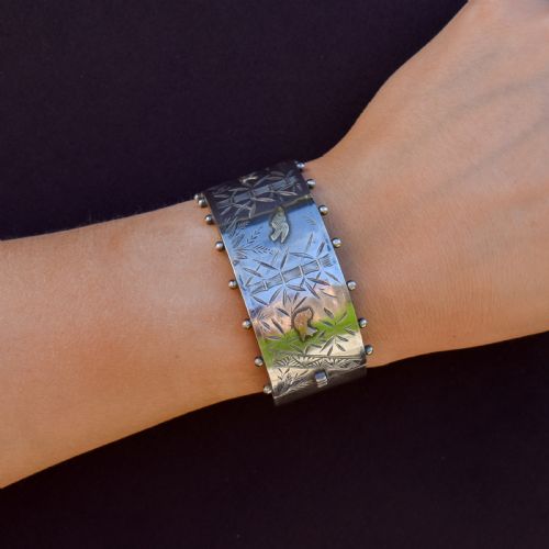 ANTIQUE VICTORIAN STUDDED SILVER AND GOLD BIRD BAMBOO CUFF BANGLE BRACELET - ADDITIONAL PHOTO 7