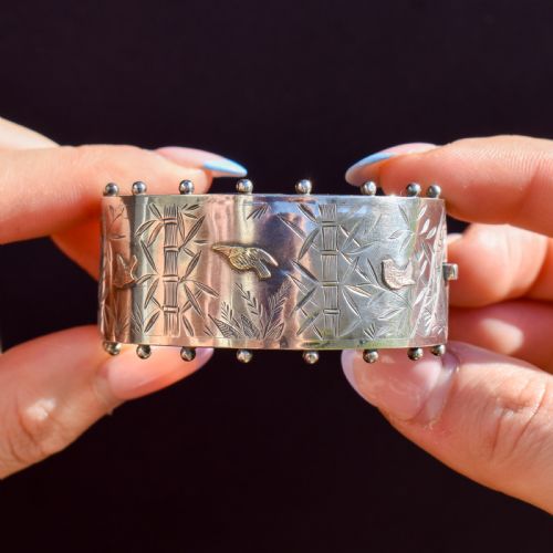 ANTIQUE VICTORIAN STUDDED SILVER AND GOLD BIRD BAMBOO CUFF BANGLE BRACELET - ADDITIONAL PHOTO 8