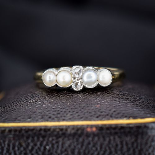 Antique Edwardian 18ct Gold Pearl and Rose-Cut Diamond Ring