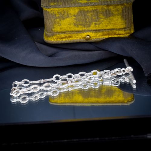 ANTIQUE FANCY LINK STERLING SILVER BRACELET WITH DOG CLIP AND TBAR DROP - ADDITIONAL PHOTO 5