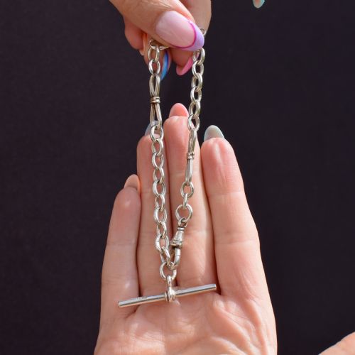 ANTIQUE FANCY LINK STERLING SILVER BRACELET WITH DOG CLIP AND TBAR DROP - ADDITIONAL PHOTO 6