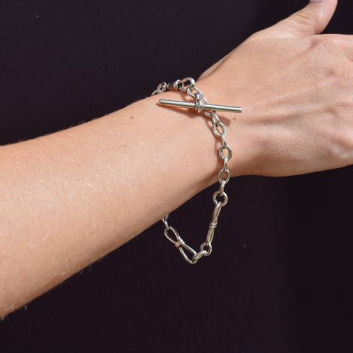 ANTIQUE FANCY LINK STERLING SILVER BRACELET WITH DOG CLIP AND TBAR DROP - ADDITIONAL PHOTO 9