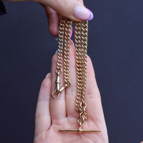 ANTIQUE 1575 9CT GOLD DOUBLE DOG CLIP ALBERT CURB WATCH CHAIN NECKLACE - ADDITIONAL PHOTO 5