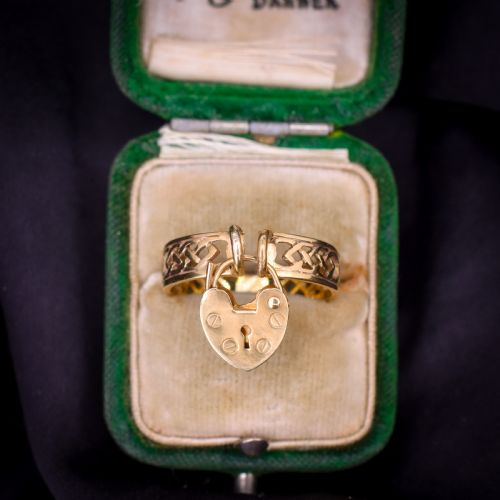 Vintage Fancy Celtic Heart Padlock Drop 9ct Yellow Gold Band Ring