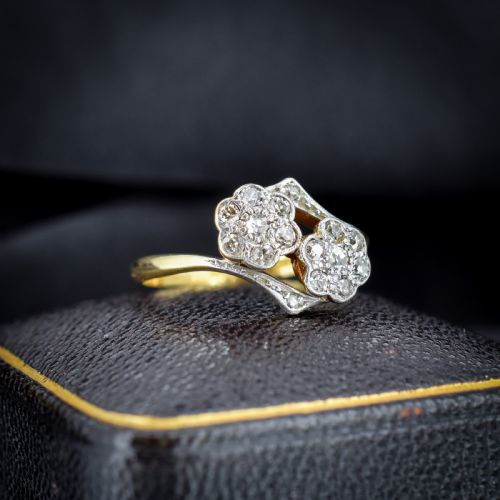 Antique Diamond Cluster Flower Daisy 18ct Gold Double Twist Ring
