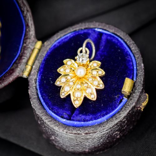 ANTIQUE 15CT GOLD PEARL AND DIAMOND FLOWER PENDANT