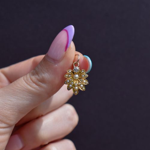 ANTIQUE 15CT GOLD PEARL AND DIAMOND FLOWER PENDANT - ADDITIONAL PHOTO 1