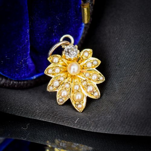 ANTIQUE 15CT GOLD PEARL AND DIAMOND FLOWER PENDANT - ADDITIONAL PHOTO 5