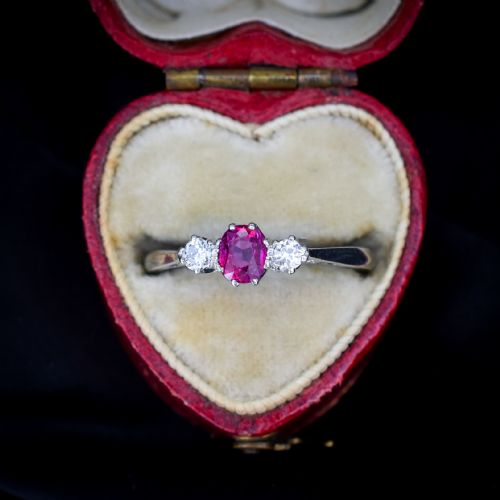 Antique Ruby and Diamond 18ct White Gold Three Stone Trilogy Ring