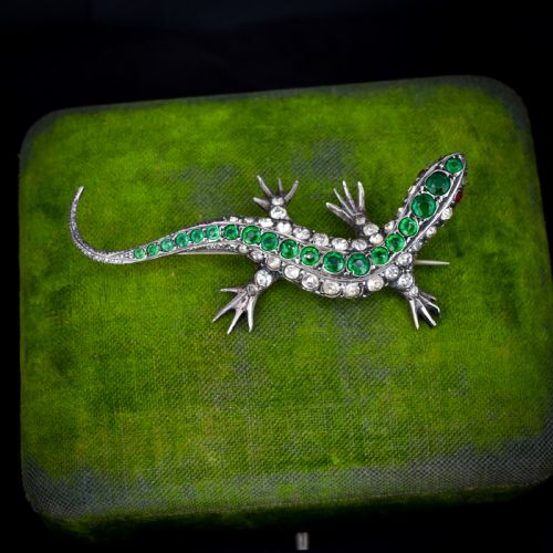 ANTIQUE GREEN PASTE SILVER LIZARD BROOCH VICTORIAN