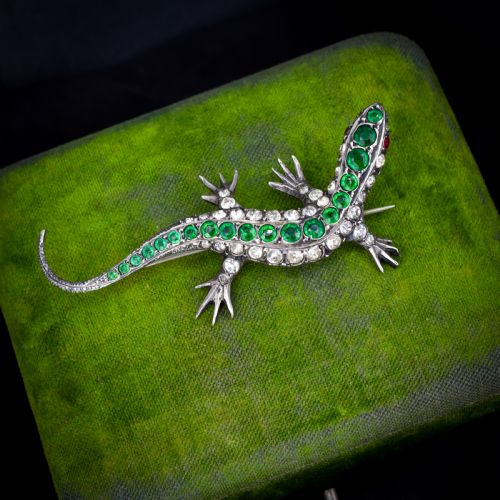 ANTIQUE GREEN PASTE SILVER LIZARD BROOCH VICTORIAN - ADDITIONAL PHOTO 1