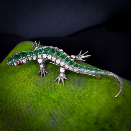 ANTIQUE GREEN PASTE SILVER LIZARD BROOCH VICTORIAN - ADDITIONAL PHOTO 2