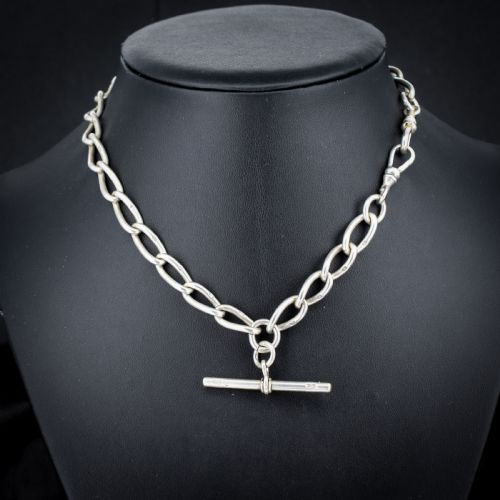 ANTIQUE 1475 STERLING SILVER OVAL LINK ALBERT WATCH CHAIN NECKLACE WITH TBAR AND DOG CLIPS - ADDITIONAL PHOTO 1