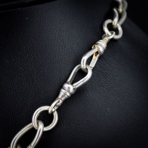 ANTIQUE 1475 STERLING SILVER OVAL LINK ALBERT WATCH CHAIN NECKLACE WITH TBAR AND DOG CLIPS - ADDITIONAL PHOTO 2