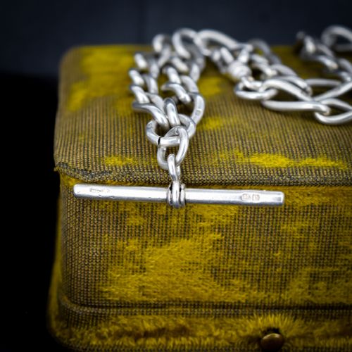ANTIQUE 1475 STERLING SILVER OVAL LINK ALBERT WATCH CHAIN NECKLACE WITH TBAR AND DOG CLIPS - ADDITIONAL PHOTO 4