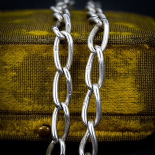 ANTIQUE 1475 STERLING SILVER OVAL LINK ALBERT WATCH CHAIN NECKLACE WITH TBAR AND DOG CLIPS - ADDITIONAL PHOTO 5