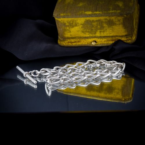 ANTIQUE 1475 STERLING SILVER OVAL LINK ALBERT WATCH CHAIN NECKLACE WITH TBAR AND DOG CLIPS - ADDITIONAL PHOTO 6