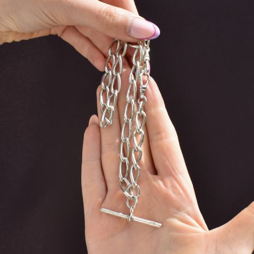 ANTIQUE 1475 STERLING SILVER OVAL LINK ALBERT WATCH CHAIN NECKLACE WITH TBAR AND DOG CLIPS - ADDITIONAL PHOTO 8