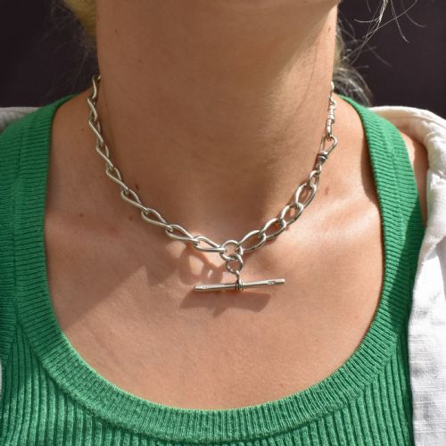 ANTIQUE 1475 STERLING SILVER OVAL LINK ALBERT WATCH CHAIN NECKLACE WITH TBAR AND DOG CLIPS - ADDITIONAL PHOTO 9