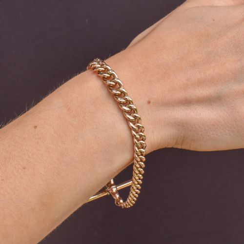 ANTIQUE GRADUATED CURB 9CT GOLD BRACELET WITH DOG CLIP AND TBAR DROP 825 - ADDITIONAL PHOTO 8