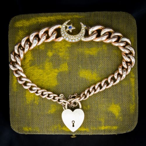 ANTIQUE 9CT GOLD CURB BRACELET WITH HEART PADLOCK AND PEARL CRESCENT 75