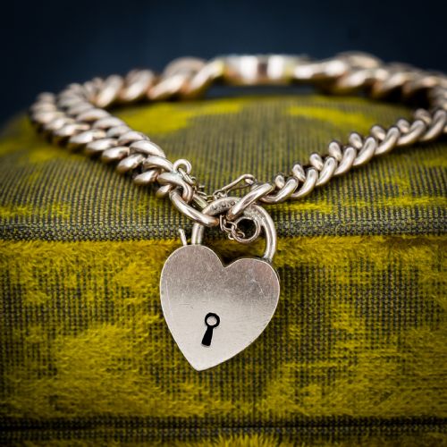 ANTIQUE 9CT GOLD CURB BRACELET WITH HEART PADLOCK AND PEARL CRESCENT 75 - ADDITIONAL PHOTO 1