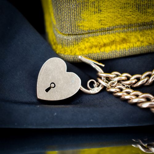 ANTIQUE 9CT GOLD CURB BRACELET WITH HEART PADLOCK AND PEARL CRESCENT 75 - ADDITIONAL PHOTO 3