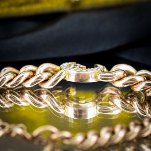 ANTIQUE 9CT GOLD CURB BRACELET WITH HEART PADLOCK AND PEARL CRESCENT 75 - ADDITIONAL PHOTO 5