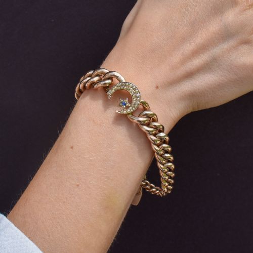 ANTIQUE 9CT GOLD CURB BRACELET WITH HEART PADLOCK AND PEARL CRESCENT 75 - ADDITIONAL PHOTO 9