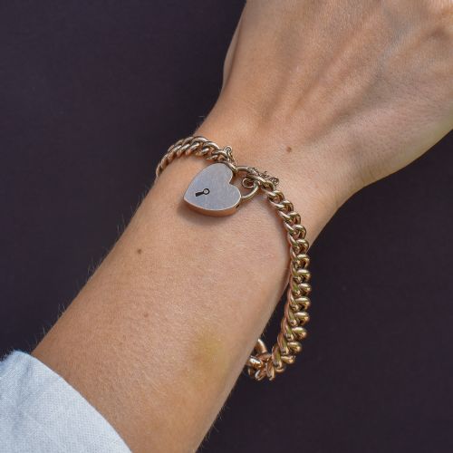 ANTIQUE 9CT GOLD CURB BRACELET WITH HEART PADLOCK AND PEARL CRESCENT 75 - ADDITIONAL PHOTO 10