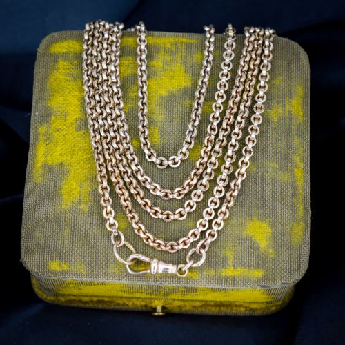 Antique 18ct Rolled Gold Rolo Link Guard Muff Chain Necklace with Dog Clip | 56"