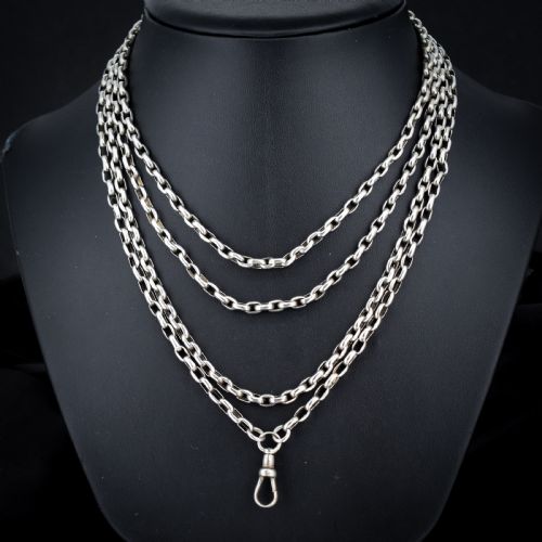 ANTIQUE SILVER LONG GUARD CHAIN NECKLACE WITH DOG CLIP 65 LENGTH - ADDITIONAL PHOTO 1