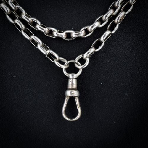 ANTIQUE SILVER LONG GUARD CHAIN NECKLACE WITH DOG CLIP 65 LENGTH - ADDITIONAL PHOTO 2